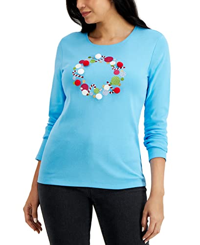 Karen Scott Pom Pom Wreath Holiday Top