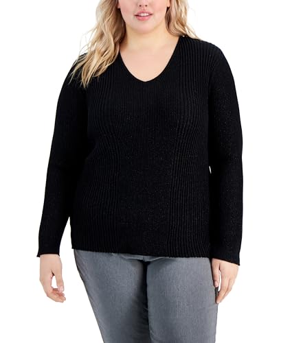 Alfani Plus Size Ribbed Shine V Neck Sweater