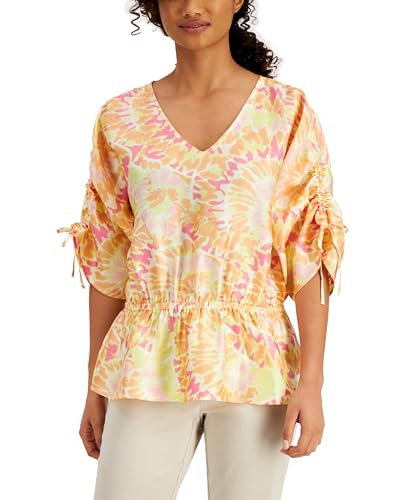 JM Collection Printed V Neck Gathered Waist Top