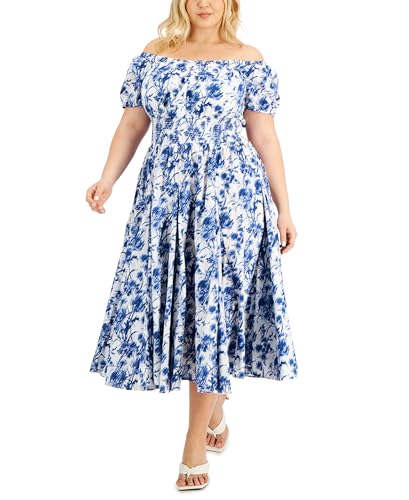 INC International Concepts Plus Size Printed Off The Shoulder Smocked Waist Dress