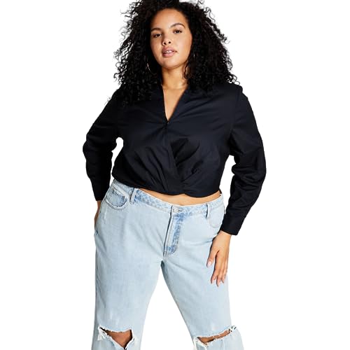 Now This Trendy Plus Size Faux Wrap Poplin Shirt