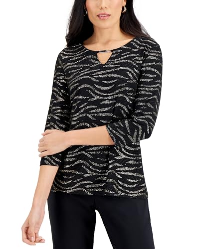 JM Collection Glitter Zebra Print Embellished Keyhole Jacquard Top