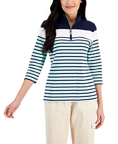Karen Scott Striped Quarter Zip 3/4 Sleeve Top