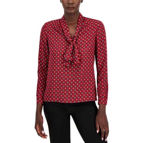 Anne Klein Womens Printed Satin Twill Tie Neck Blouse