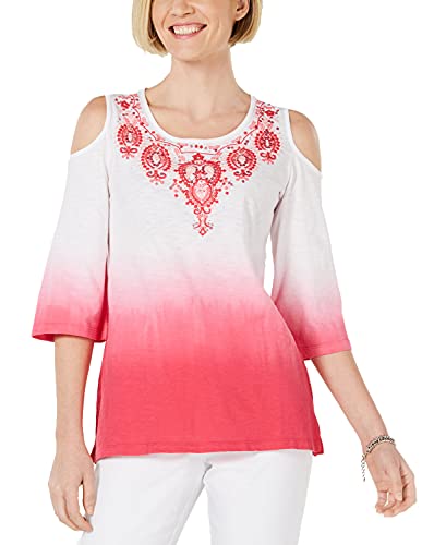 Petite Cotton Embroidered Ombr&eacute; Cold-Shoulder Top