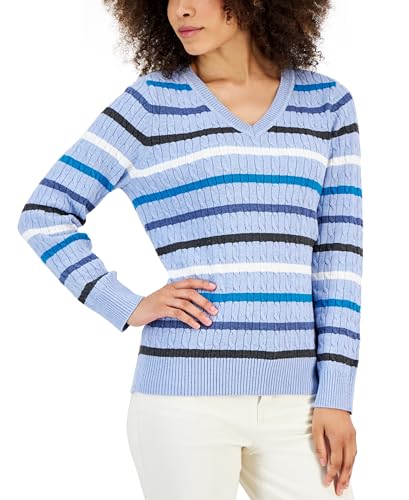 Karen Scott Womens Allston Cotton Striped Cable Sweater