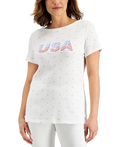 Karen Scott Petite Short Sleeve Usa Stars Boatneck Top