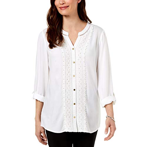 JM Collection Petite Embellished Crochet Front Shirt