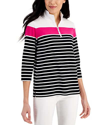 Karen Scott Striped Quarter Zip 3/4 Sleeve Top