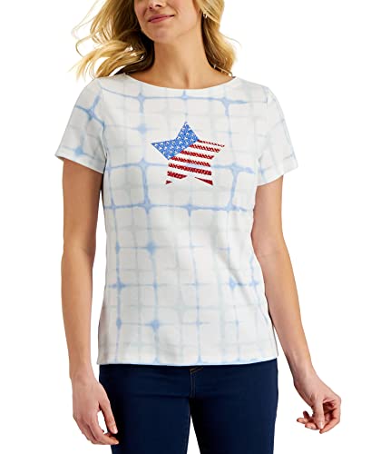 Karen Scott Petite Short Sleeve Star Flag Boatneck Top