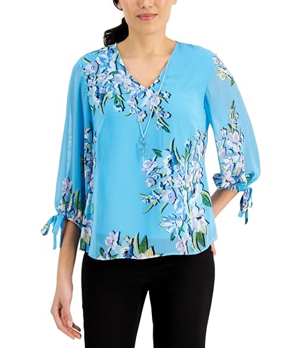 JM Collection Floral Print Tie Sleeve Necklace Top