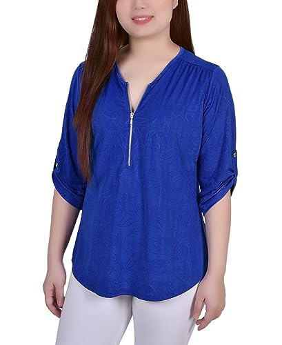 Petite 3/4 Roll Tab Zip Front Jacquard Knit Top