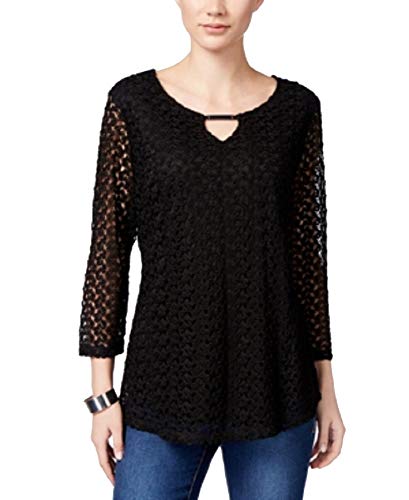 JM Collection Petite Crocheted Keyhole Blouse