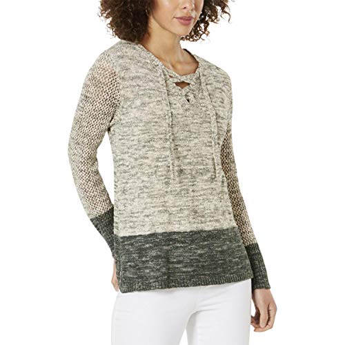 Pointelle-Sleeve Lace-Up Sweater