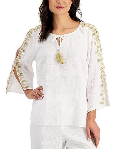 JM Collection Petite Embroidered Shoulder Tassel Top