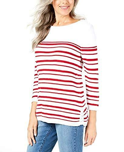Karen Scott Striped Cotton Lace Up Sweater
