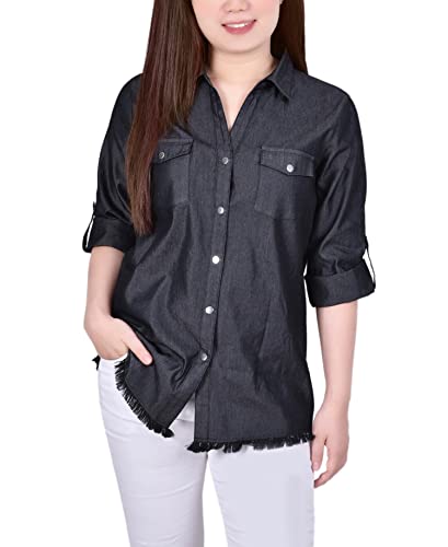 Petite Size 3/4 Roll Tab Chambray Blouse