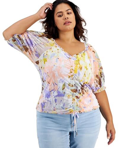 INC International Concepts Plus Size Printed Mesh Puff Sleeve Ruched Top