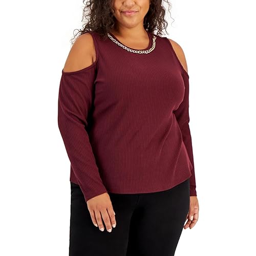 INC International Concepts Plus Size Ribbed Chain Trim Cold Shoulder Top