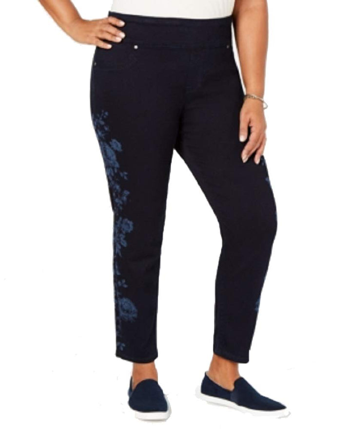 Plus Size Cotton Pull-On Flower-Print Jeans