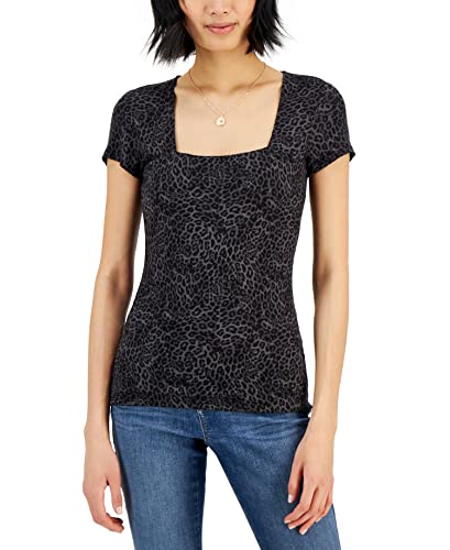 INC International Concepts Womens Leopard Print Ribbed Square Neck T-Shirt