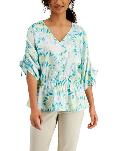 JM Collection Printed V Neck Gathered Waist Top