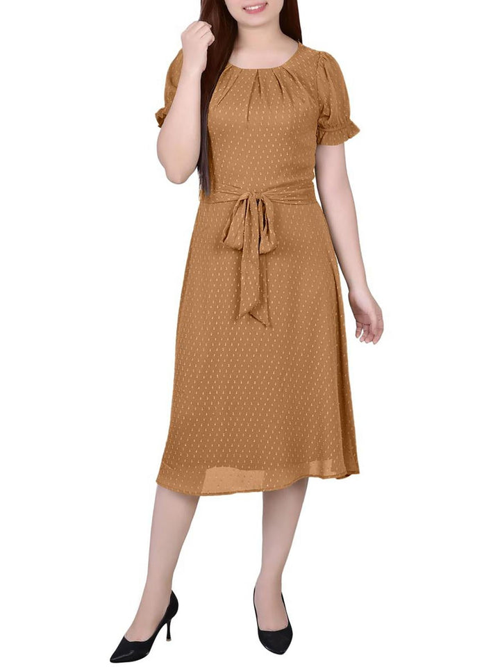 Petite Short Sleeve Belted Swiss Dot Dress