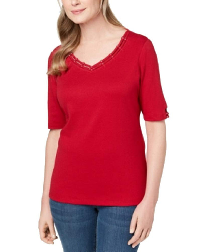 Karen Scott Cotton Embellished Cutout T-Shirt