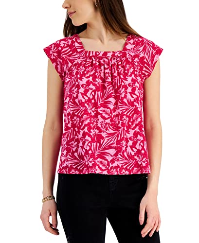 Style & Co Womens Printed Square Neck Flutter Sleeve Top