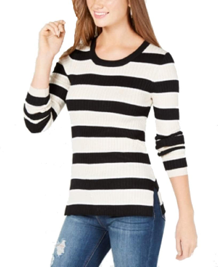 Juniors' Striped Ribbed Lace-Up Sweater