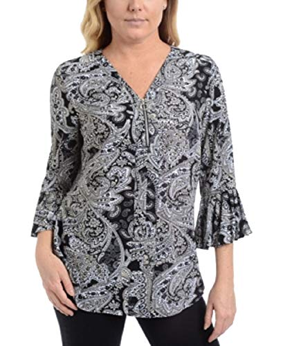 NY Collection Striped V Neck Quarter Zip Blouse