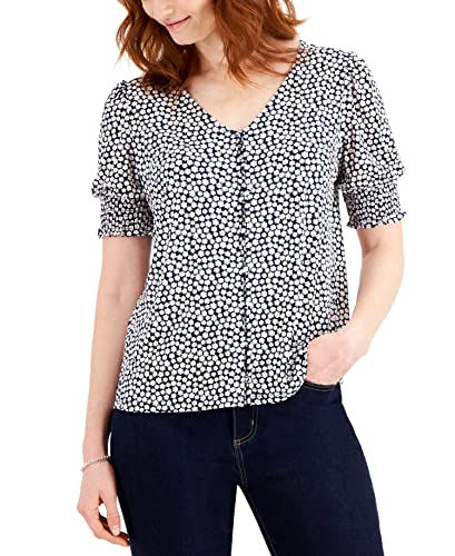 Charter Club Floral Print Smocked Cuff V Neck Top