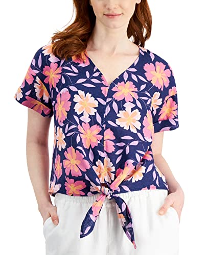 Charter Club Linen Printed Tie Front Top
