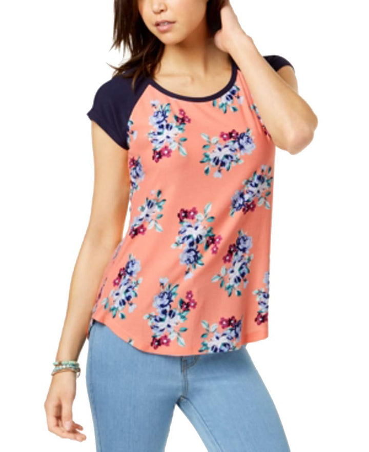 Juniors' Floral-Printed Baseball T-Shirt