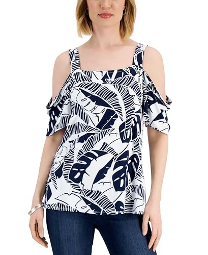 JM Collection Womens Palm Print Cold Shoulder Top