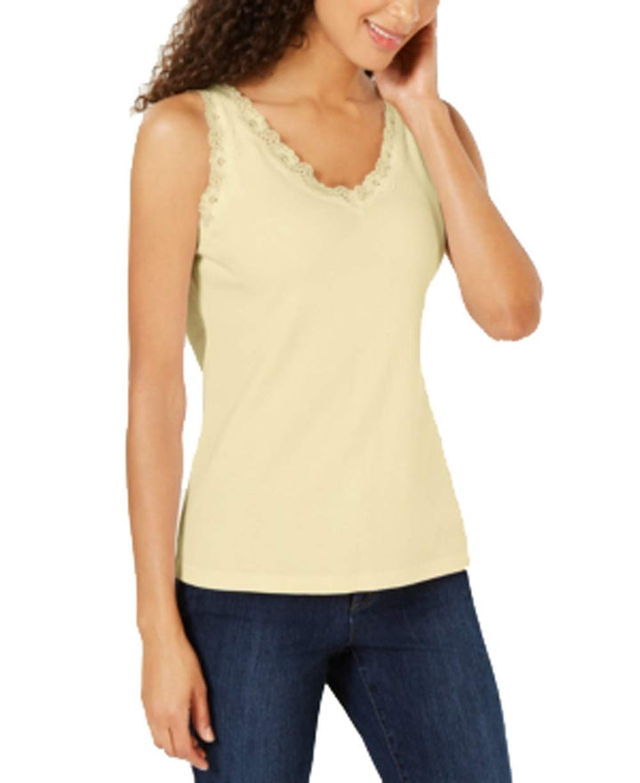 Karen Scott Petite Cotton Lace Trim Top