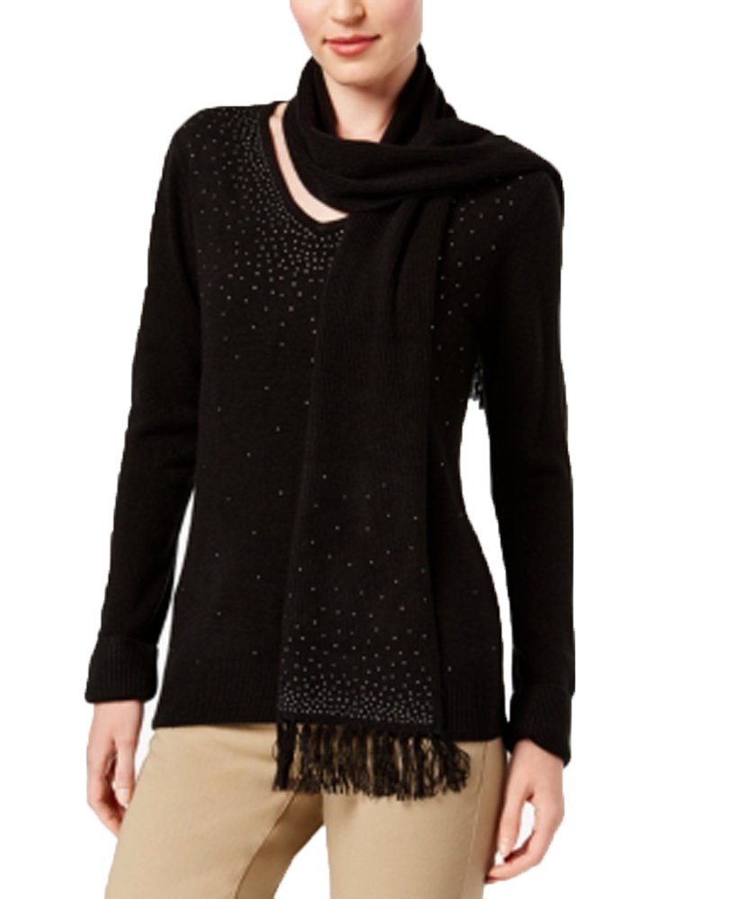 Karen Scott Luxsoft Studded Detachable Scarf Sweater