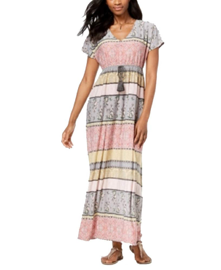 Petite Mixed-Print Tassel-Waist Maxi Dress