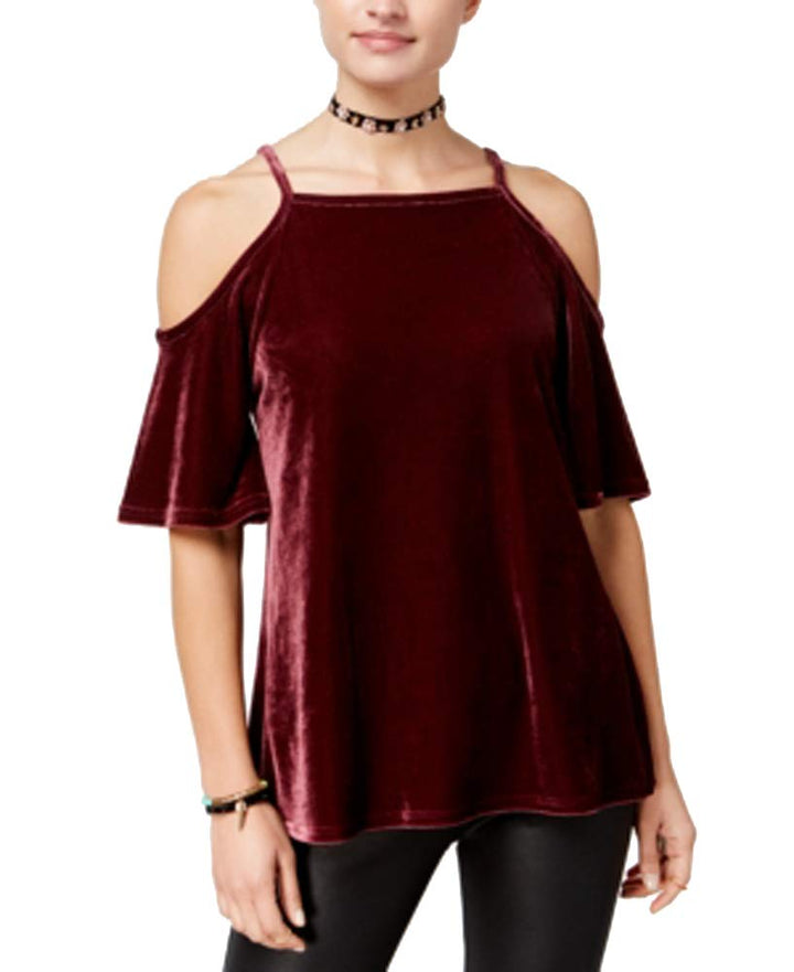 Juniors' Velvet Cold-Shoulder Top