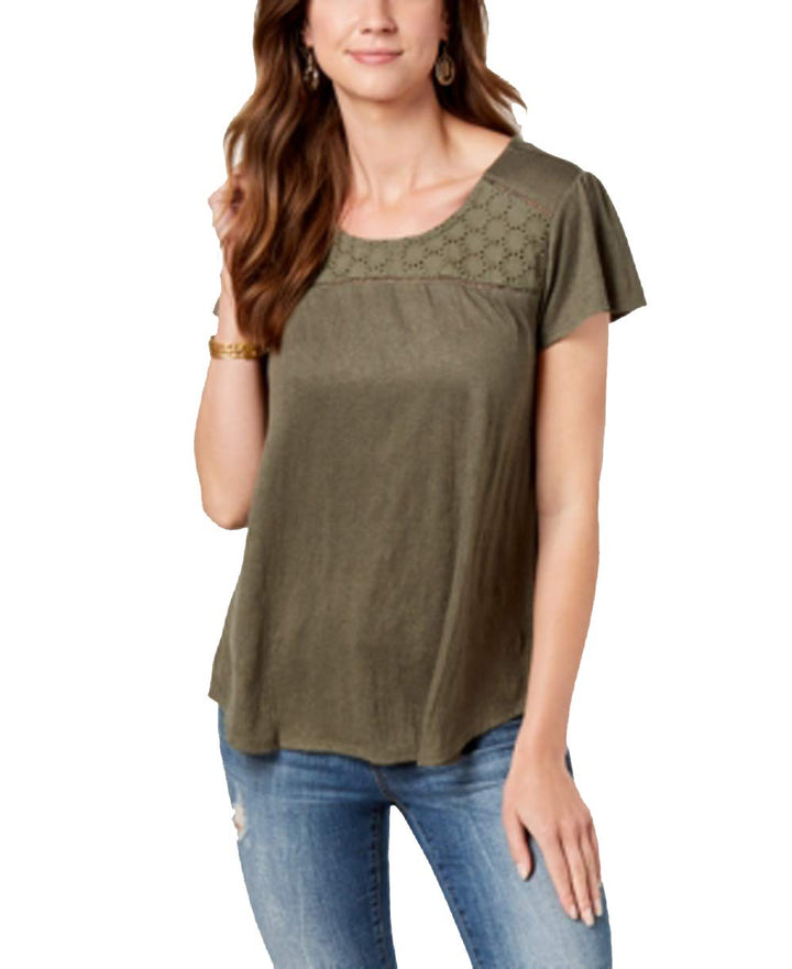 Style & Co Petite Crochet Trim Flutter Sleeve Top