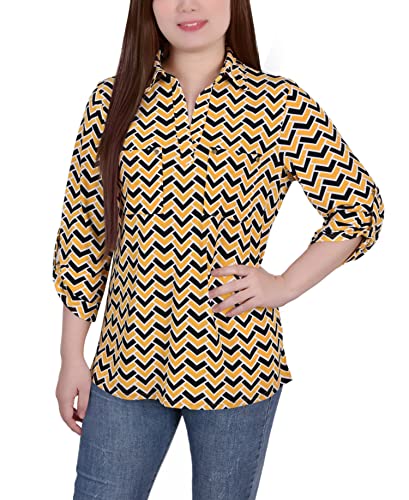 Women's 3/4 Ruched Sleeve Studded Y-neck Top