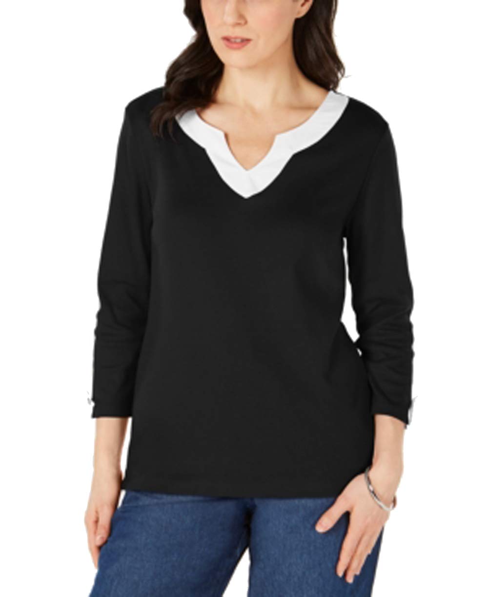 Karen Scott Cotton Split Neck Tab Sleeve Top