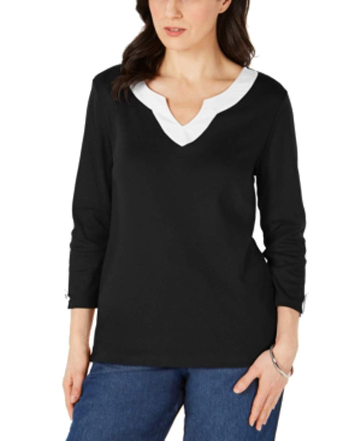 Karen Scott Cotton Split Neck Tab Sleeve Top