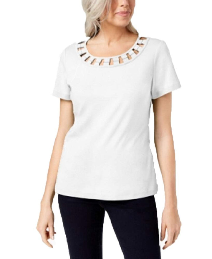 Karen Scott Hardware Embellished Cutout Cotton T-Shirt