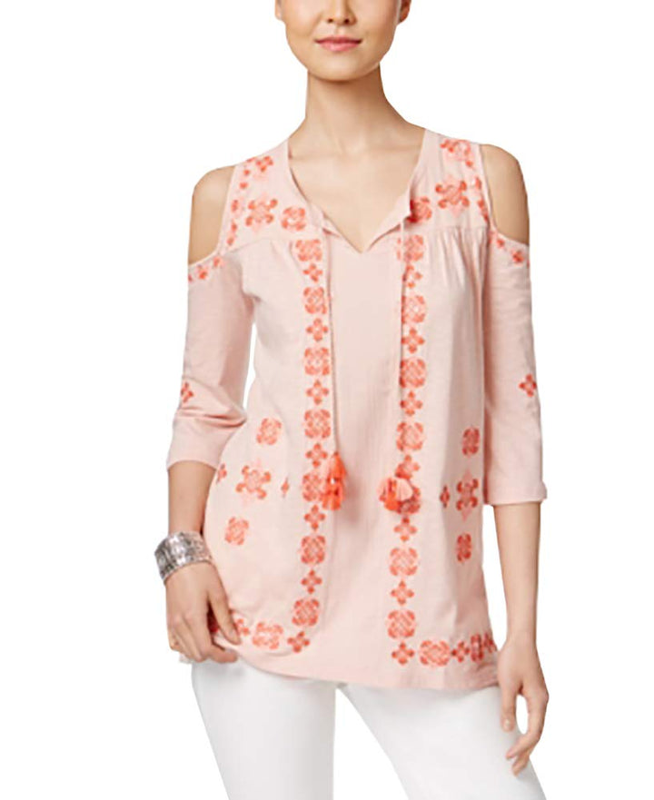 Style & Co Petite Embroidered Cold Shoulder Peasant Top
