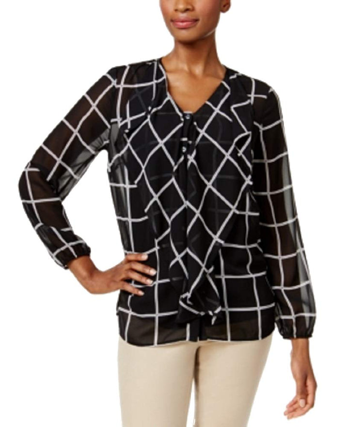 Charter Club Petite Grid Print Ruffle Blouse