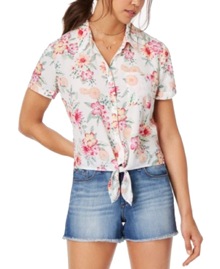 Hippie Rose Juniors Printed Tie Front Camp Shirt