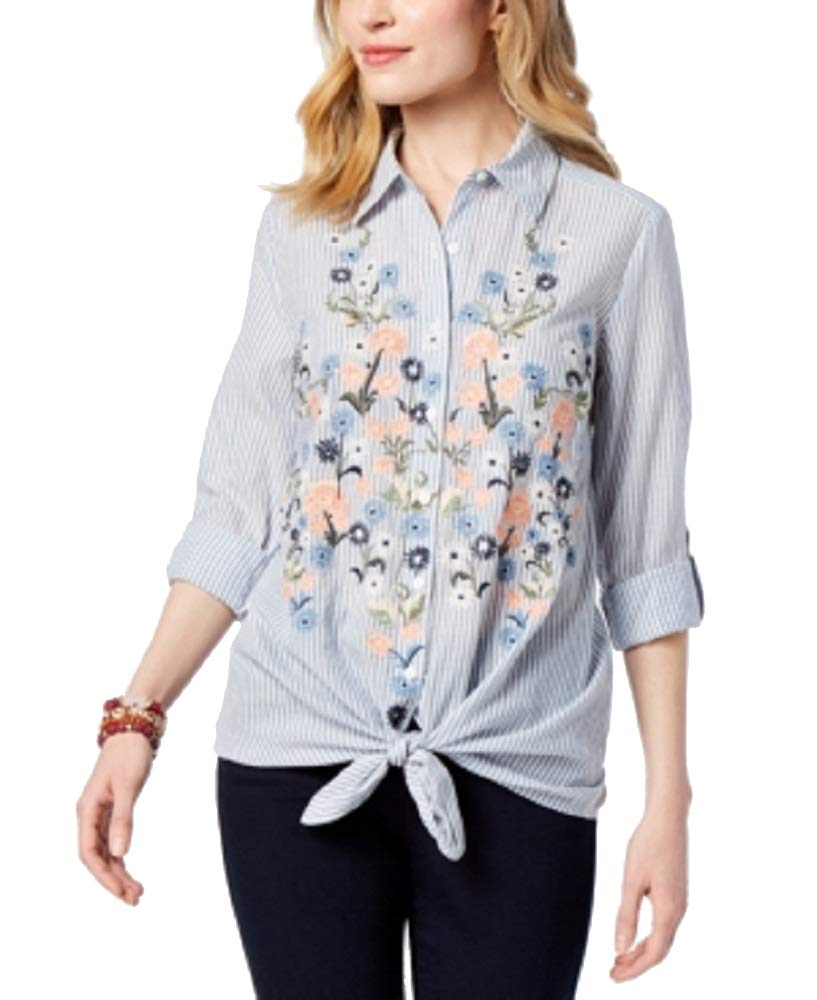 Style & Co Petite Cotton Striped Embroidered Shirt