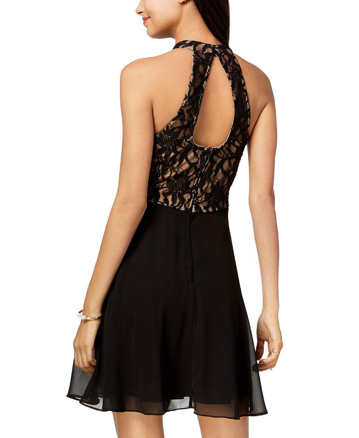 City Studios Juniors Embellished Lace Contrast Fit Flare Dress