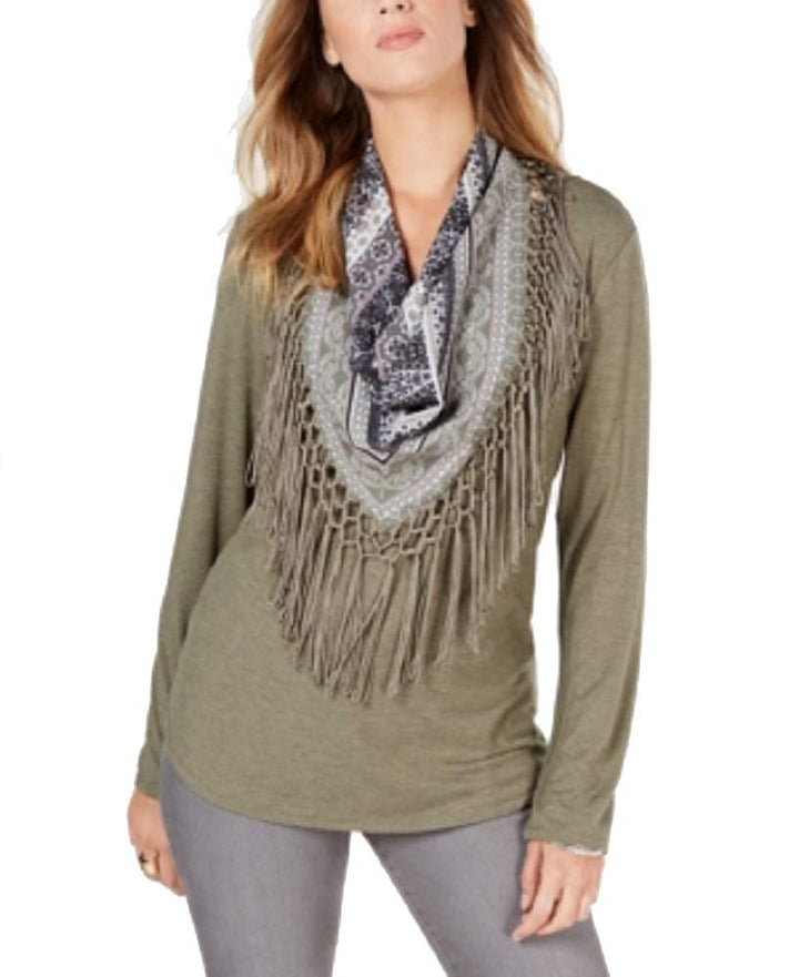 Petite Scarf-Neck Fringed Top